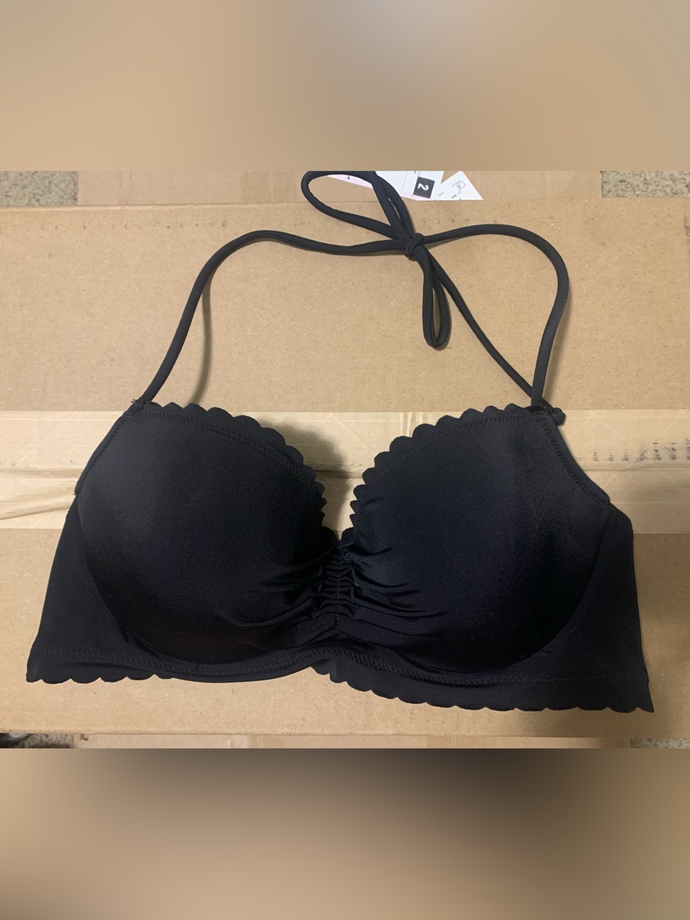 NWOT Victoria’s Secret Black Rouched Halter Swimsuit with Scalloped Edges